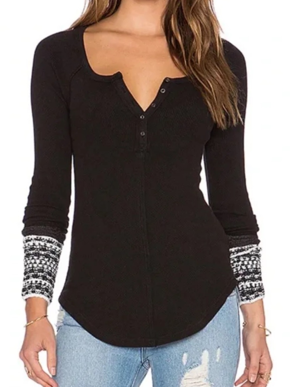 Free People Black Long Sleeve Henley with Patterned Cuffs